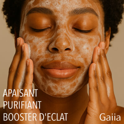 Femme appliquant un masque facial moussant apaisant.