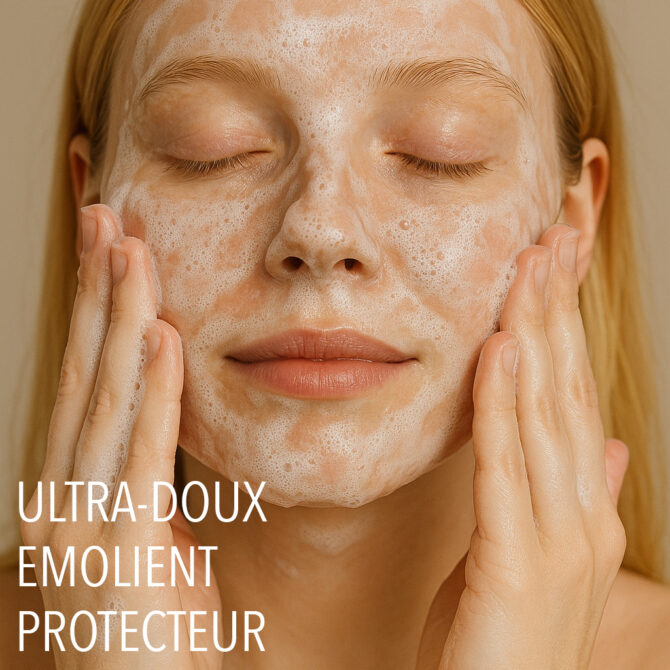 Femme applique nettoyant moussant visage délicat.
