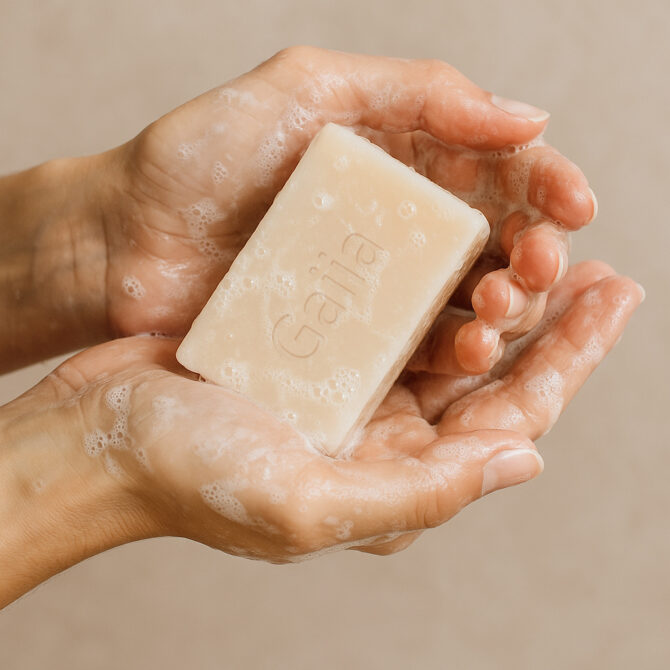 Mains lavant un savon mousseux