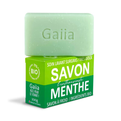 Savon bio surgras menthe, 100g, emballage vert.