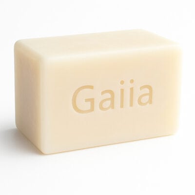 Savon artisanal rectangulaire avec lettrage 'Gaiia'.
