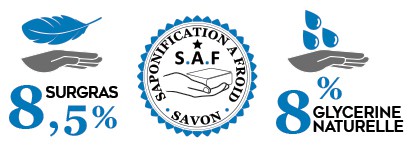 Savon saponifié à froid bénéficiant de 8,5% de surgras et de 8% de glycérine naturelle végétale.