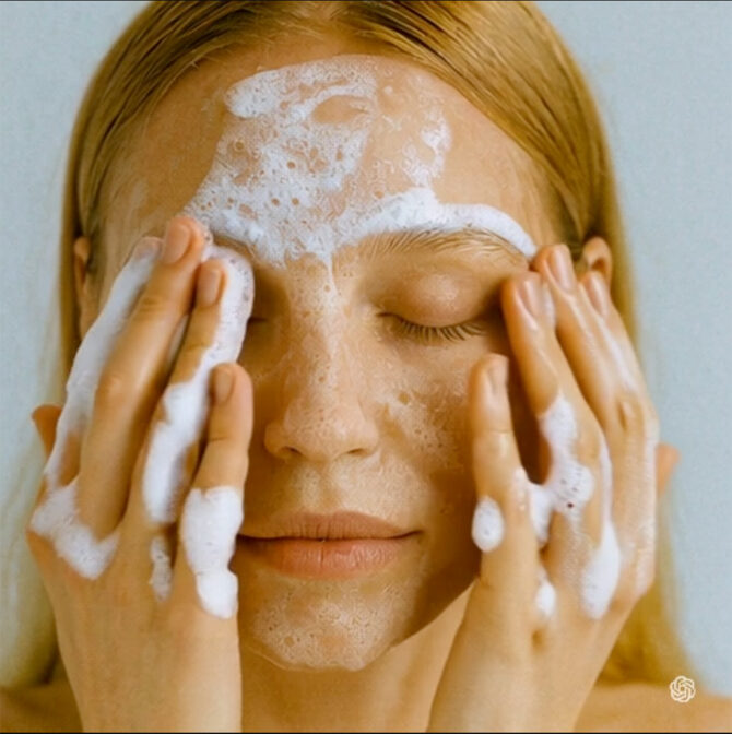 Femme se lavant le visage avec de la mousse.