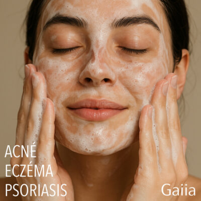 Femme appliquant mousse nettoyante sur visage.