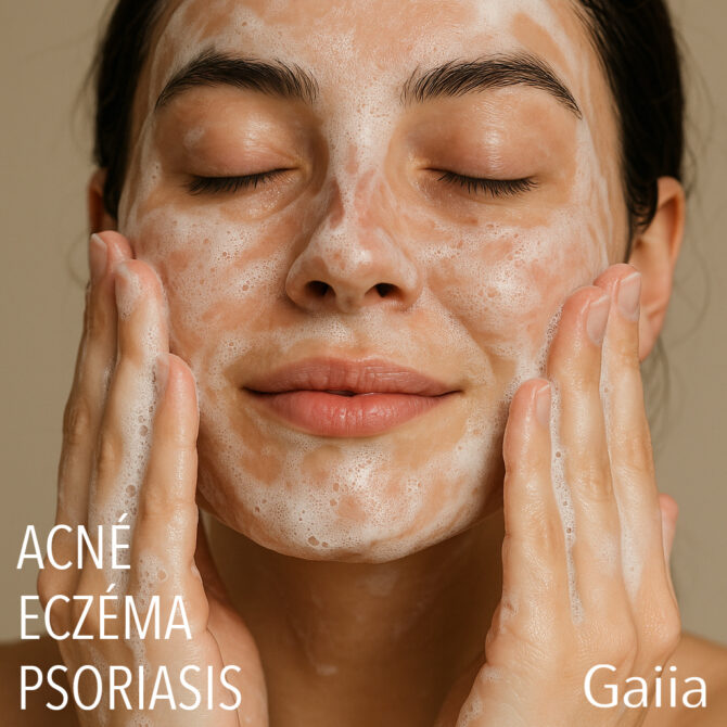 Femme appliquant mousse nettoyante sur visage.