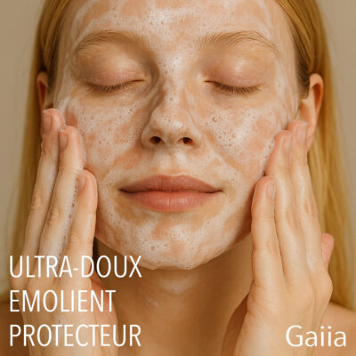 Femme appliquant nettoyant visage moussant apaisant.
