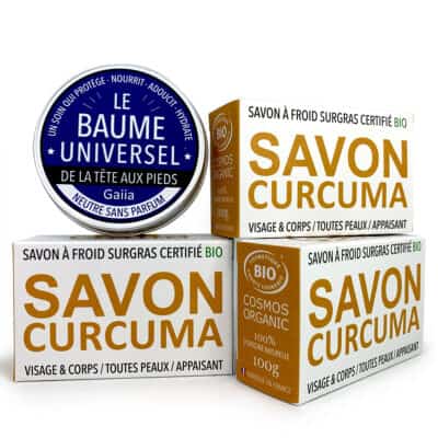 Routine Bio Eczéma : Savons curcuma et baume hydratant.