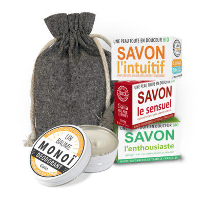 Coffret cadeau le Rayonnant de Gaiia. Savons à froid et baume Déodorants BIO