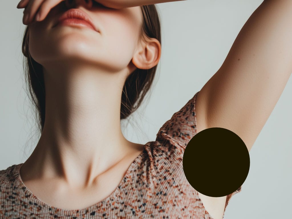 une jeune femme avec le bras levése cache le visage pour masquer ses aisselles noires