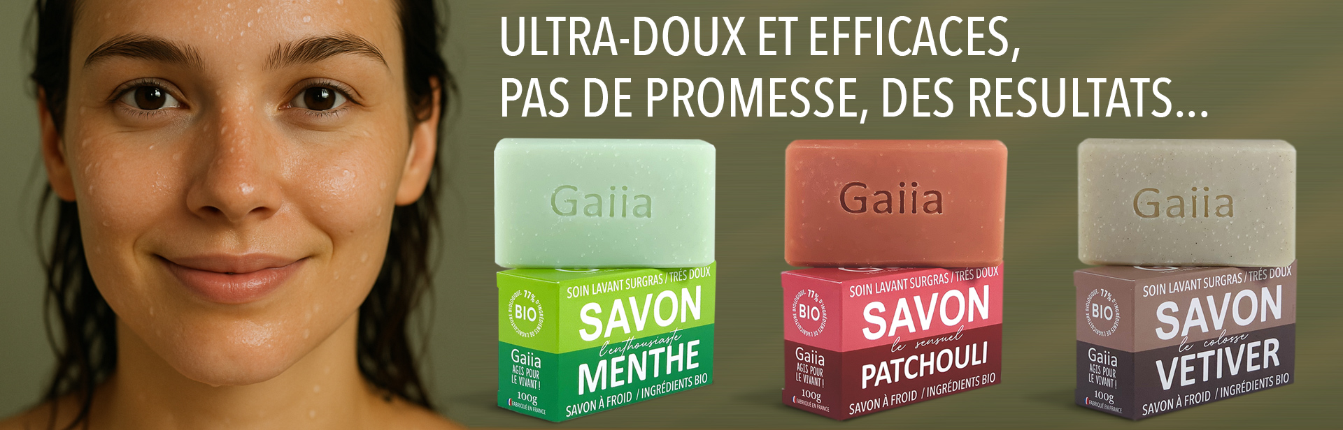 Femme souriante avec savons Gaiia.