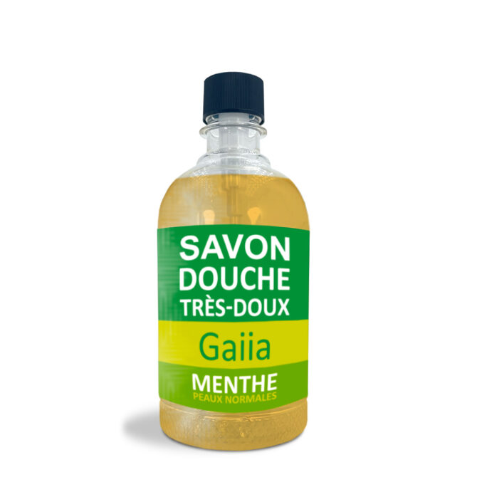 Bouteille de savon douche à la menthe.