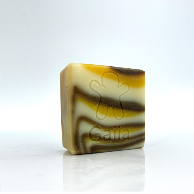 Savon à rayures avec motif et logo Gaiia.