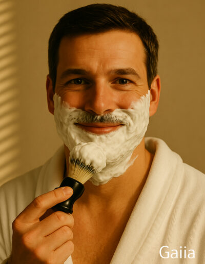 Homme souriant appliquant mousse à raser, peignoir blanc.