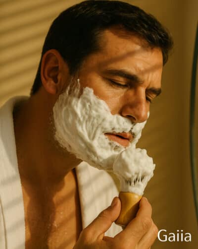 Homme appliquant de la mousse à raser sur son visage.