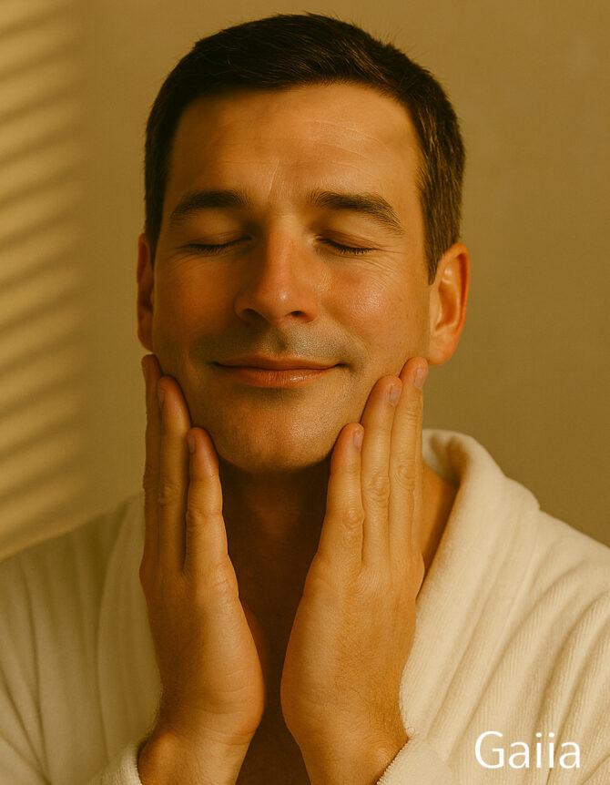 Homme appliquant soin visage, relaxé et souriant.