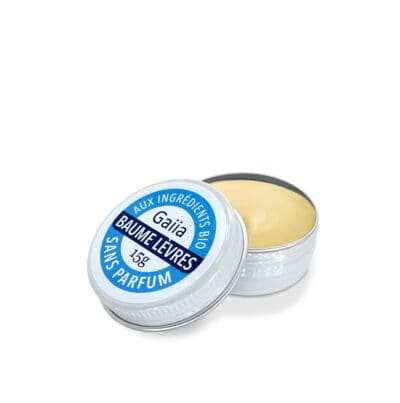Baume à lèvres bio sans parfum, pot ouvert.