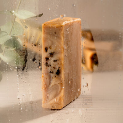Savon artisanal sur fond humide et plante.