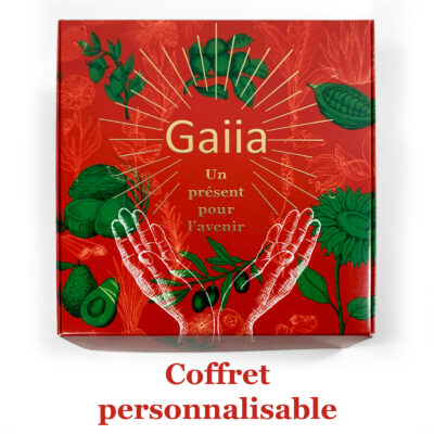 Coffret cadeau Gaiia, personnalisable, design rouge et vert.
