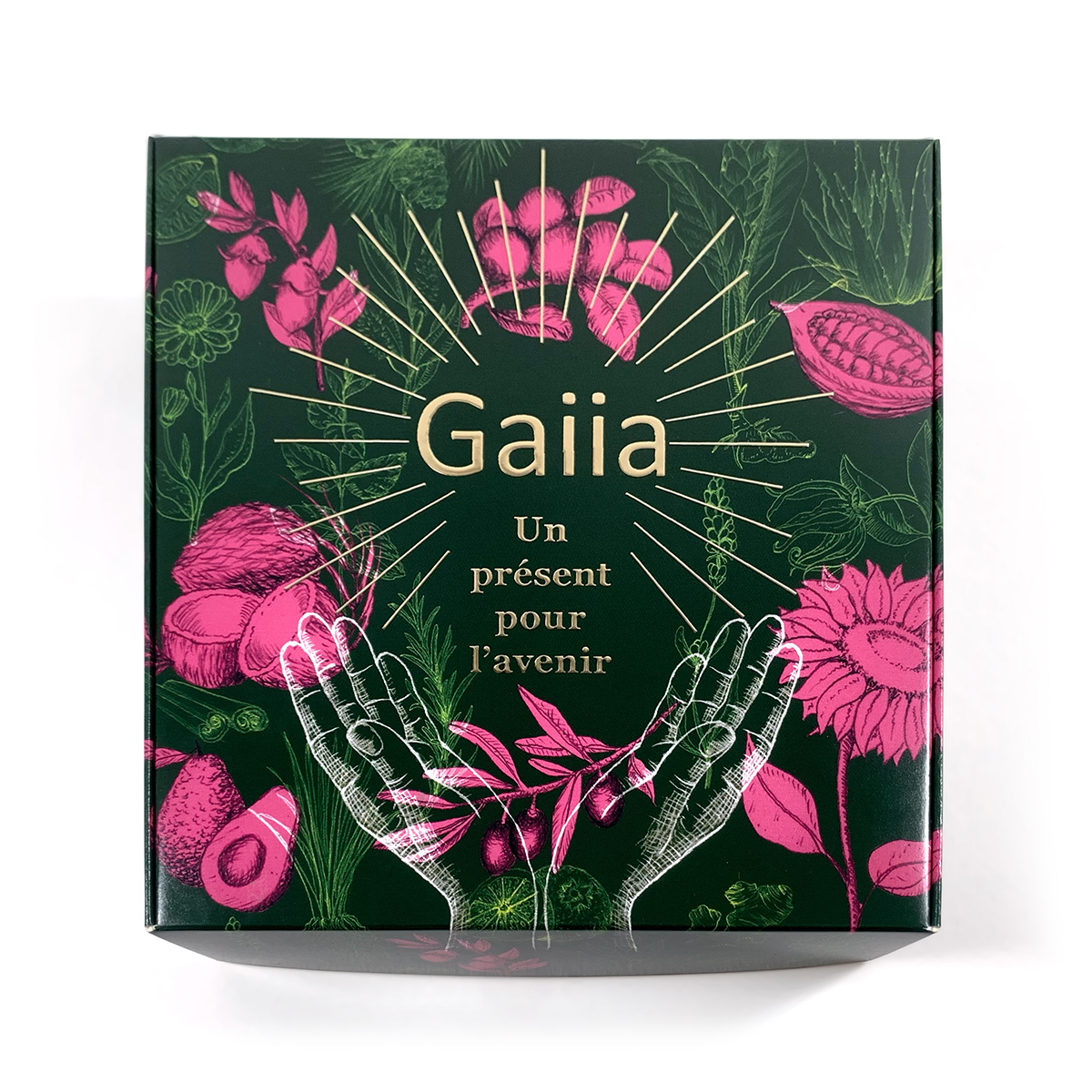 Boîte cadeau Gaiia avec motifs floraux colorés.