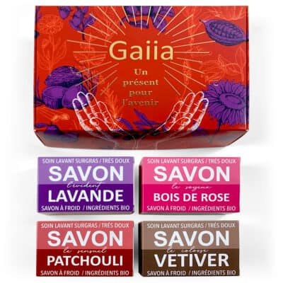 Boîtes de savon Gaia bio lavande, bois de rose.