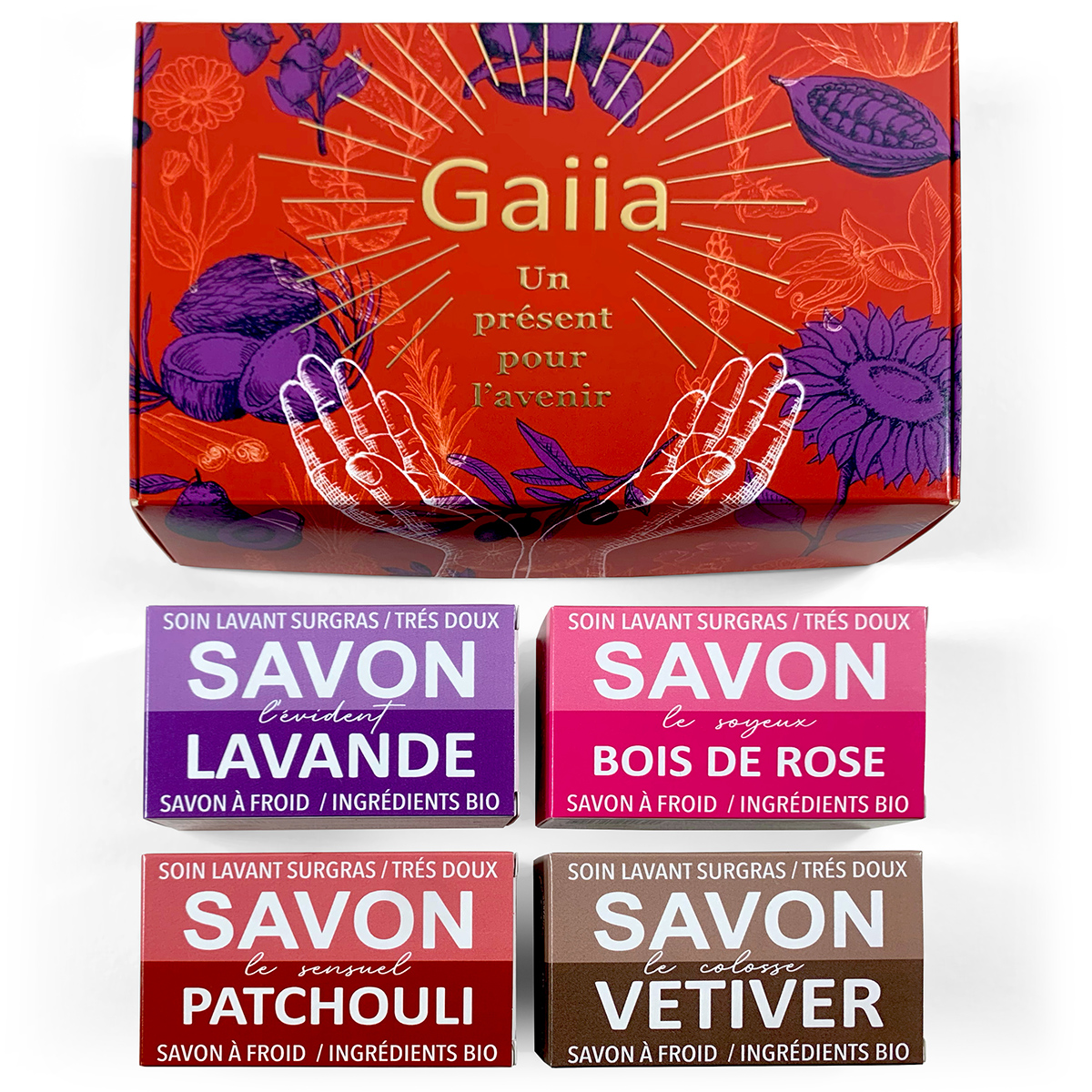 Boîtes de savon Gaia bio lavande, bois de rose.